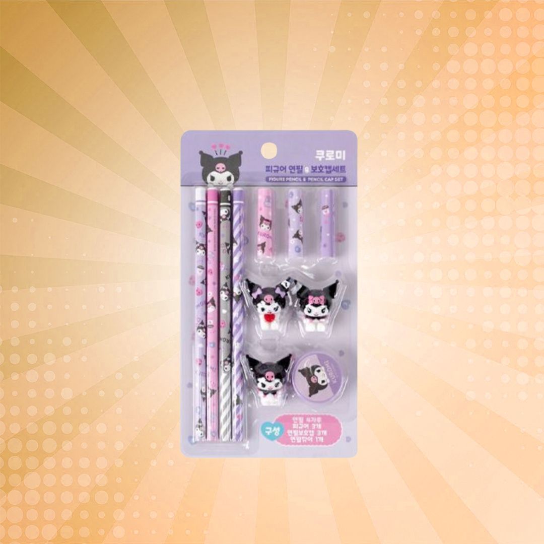 Kuromi Figure Pencil and Pencil Cap and Pencil Sharpener Set